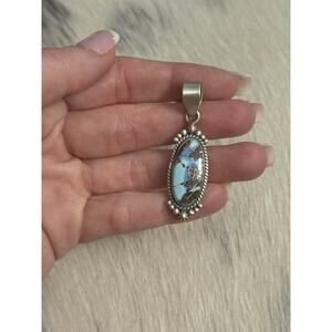 925 Sterling Silver Blue Golden Hills Turquoise Oval Pendant Braided Dome Accent